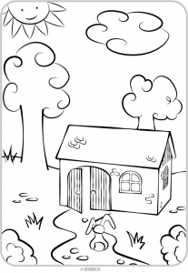 Ausmalseite Scheune mit Hase